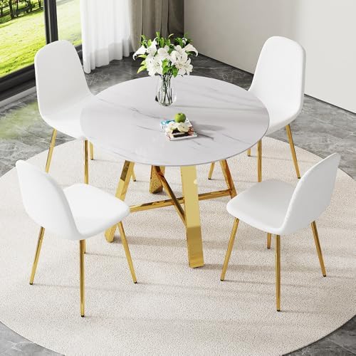 Round Dining Table Set for 4, Modern Kitchen Table and Chairs Set for 4 Marble Dining Set Reception Table Set Upholstered Chair for Dining Room (White-G501, 42 inch White Table Set)