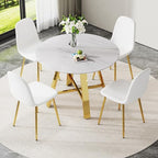 Round Dining Table Set for 4, Modern Kitchen Table and Chairs Set for 4 Marble Dining Set Reception Table Set Upholstered Chair for Dining Room (White-G501, 42 inch White Table Set)