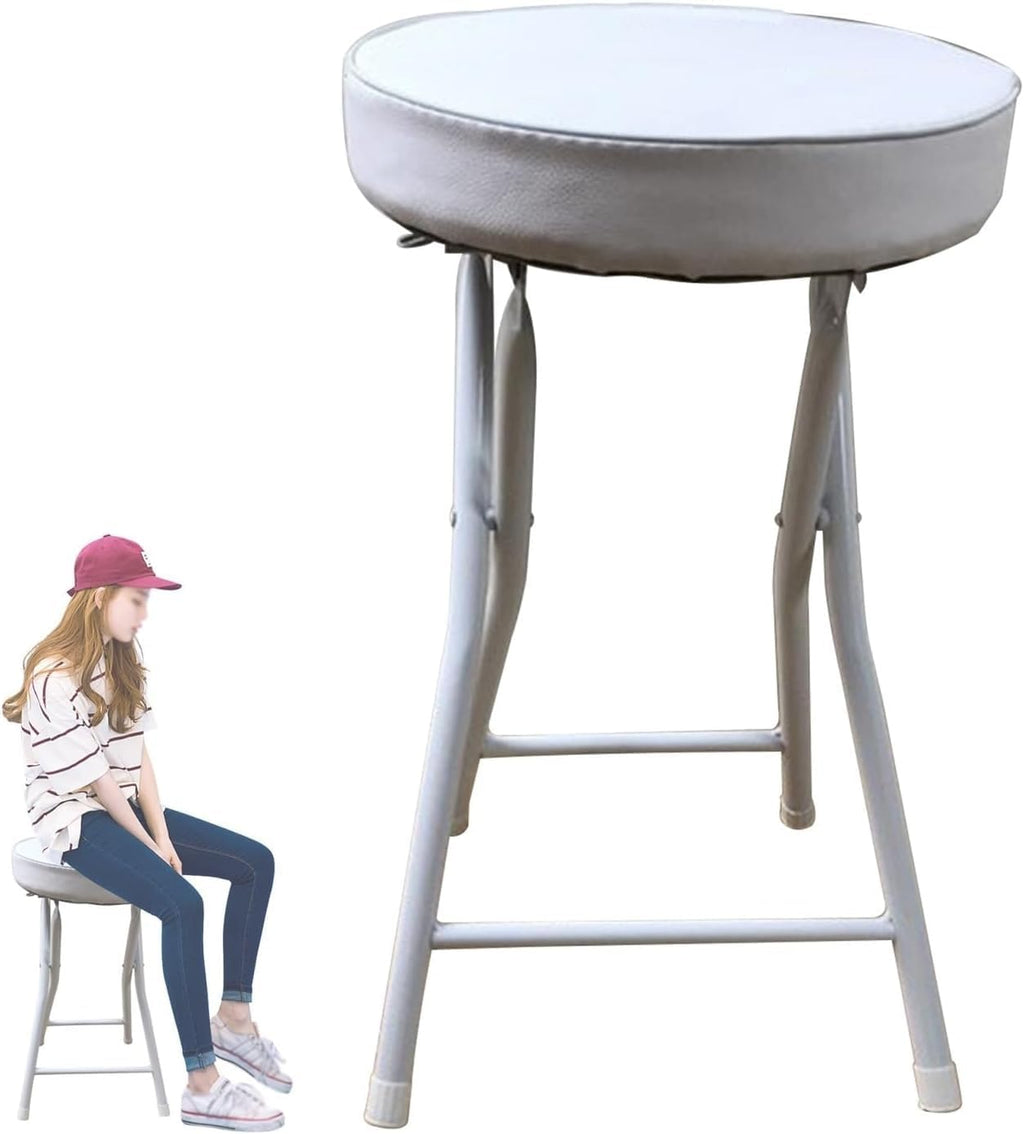 Metal Folding Bar Chair with Footrest 20in Tall Backless Round Padded Stool for Adults(White)