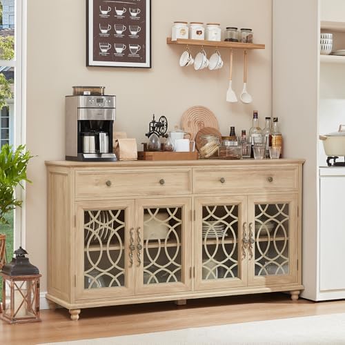 Joaxswe Farmhouse Sideboard Buffet Cabinet with Storage,59" Large Credenza with 4 Glass Doors & 2 Drawers,Adjustable Shelves Console Table,Wood Kitchen Coffee Bar for Dining Room,Living Room,Natural