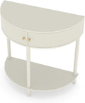 Artisan-Crafted Wave-Pattern Demi-Lune Console Table with Creamy White Finish,Unique Half Moon Design End Table with 2 Storage Drawers and Bottom Shelf for Living Room, Bedroom, Study, Hallway