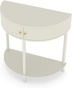 Artisan-Crafted Wave-Pattern Demi-Lune Console Table with Creamy White Finish,Unique Half Moon Design End Table with 2 Storage Drawers and Bottom Shelf for Living Room, Bedroom, Study, Hallway