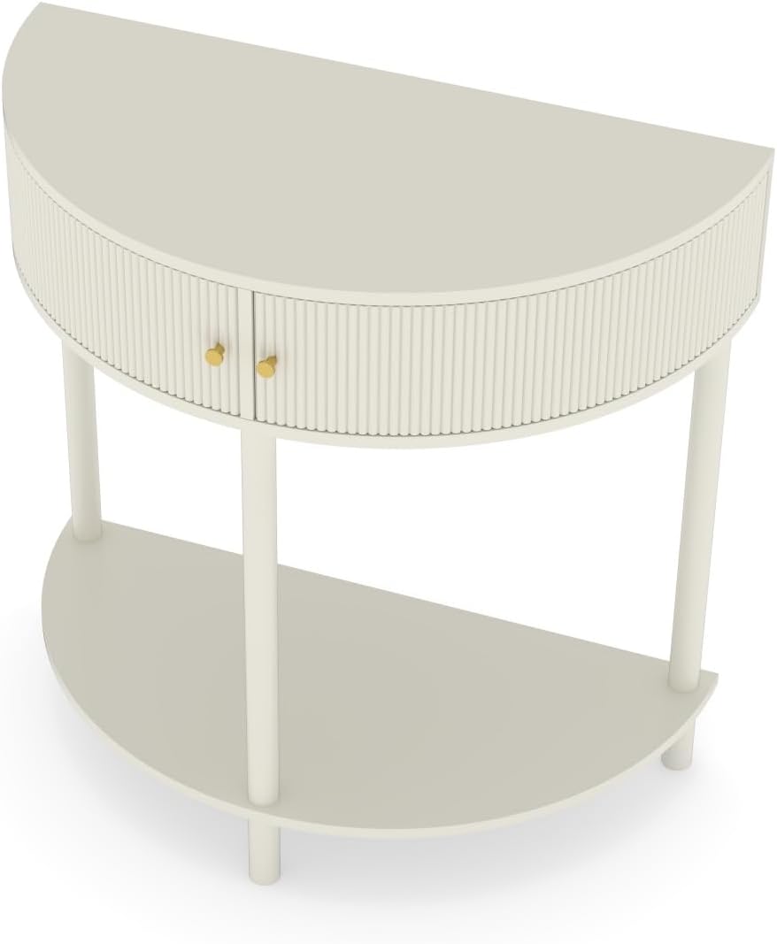 Artisan-Crafted Wave-Pattern Demi-Lune Console Table with Creamy White Finish,Unique Half Moon Design End Table with 2 Storage Drawers and Bottom Shelf for Living Room, Bedroom, Study, Hallway