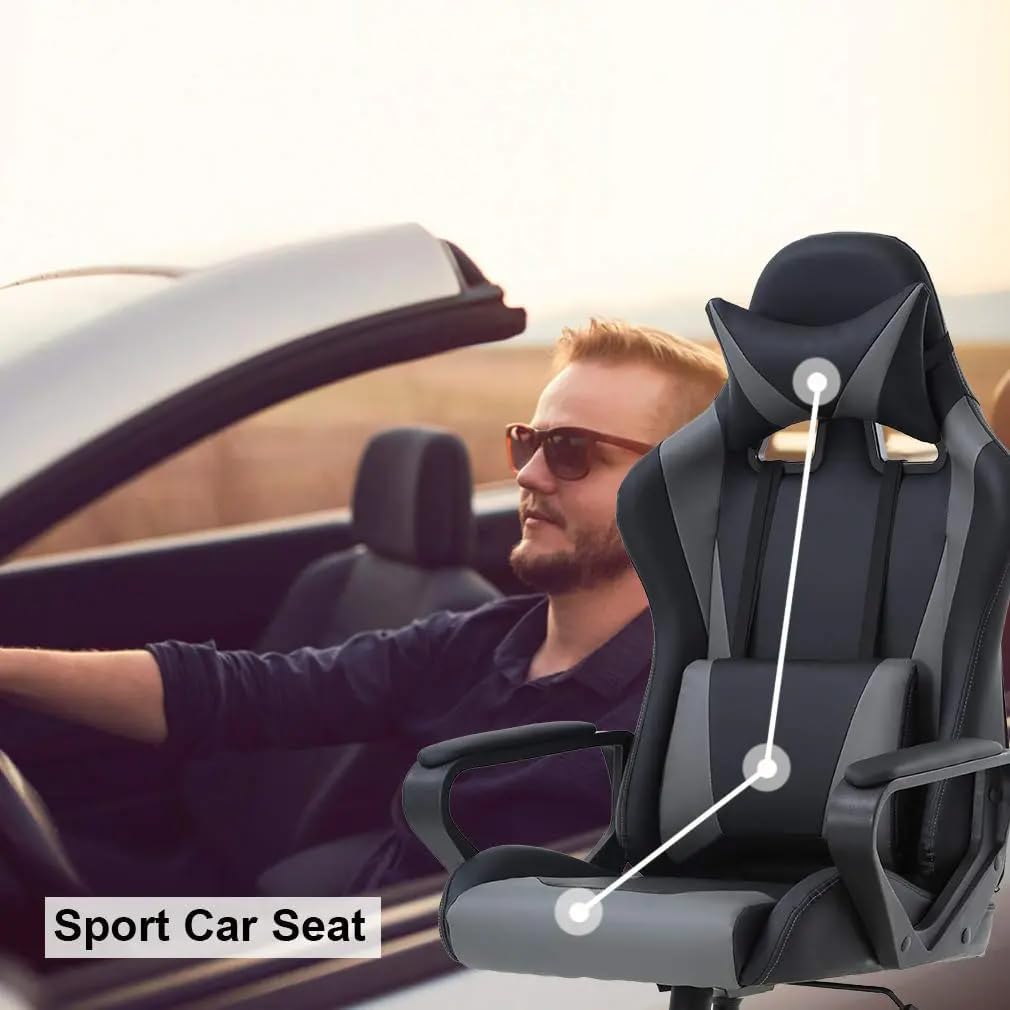 Grey Gaming Chair | Ergonomic High Back Desk Chair Racing Style with Lumbar Support, Headrest & Arms - Heavy Duty Swivel Computer Chair for Office