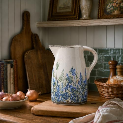 Navy Blue & Green Vintage Ceramic Pitcher Vase 7.3”, Rustic Farmhouse Floral Vase, Beige Decorative Centerpiece, Grandmillennial Tuscan Decor