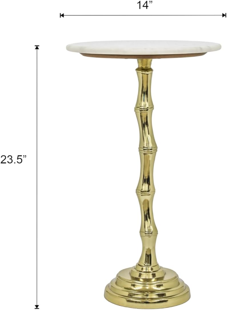 Gold Side Table with White Marble Top | Decorative Modern End Table | Bamboo Shape Aluminum Base | Accent Table for Living Room Decor | 14x14x23.5