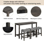 KEIKI 4-Piece Bar Table Set with Power Outlet, USB Ports, and 3 Padded Stools, Dining & Game Room Furniture, Sturdy Wooden Frame, Rustic Faux Wood Design, Dark Gray