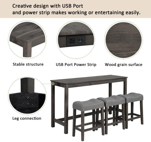 KEIKI 4-Piece Bar Table Set with Power Outlet, USB Ports, and 3 Padded Stools, Dining & Game Room Furniture, Sturdy Wooden Frame, Rustic Faux Wood Design, Dark Gray