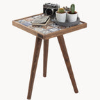 Mexican Tile Mosaic Side Table, Walnut Color Square Ceramic Accent Table with Tapered Legs, Handmade Living Room End Table (Style-1)