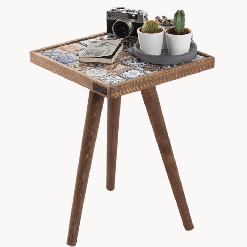 Mexican Tile Mosaic Side Table, Walnut Color Square Ceramic Accent Table with Tapered Legs, Handmade Living Room End Table (Style-1)