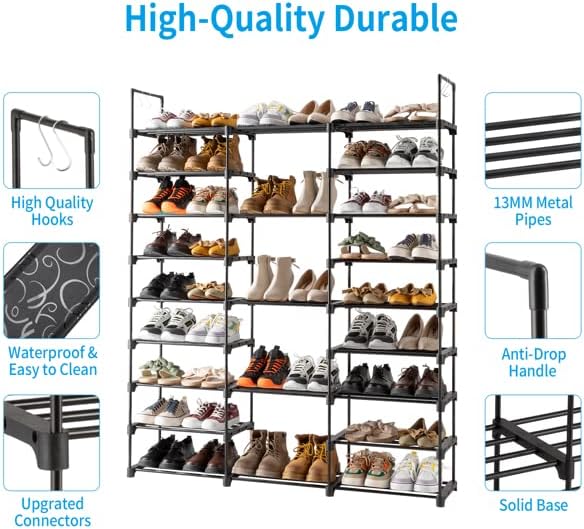 9-Tier Adjustable Metal Shoe Rack Organizer, Large Capacity Freestanding Shelf with Hooks, 50-55 Pairs, 50 x 62.25 Inch