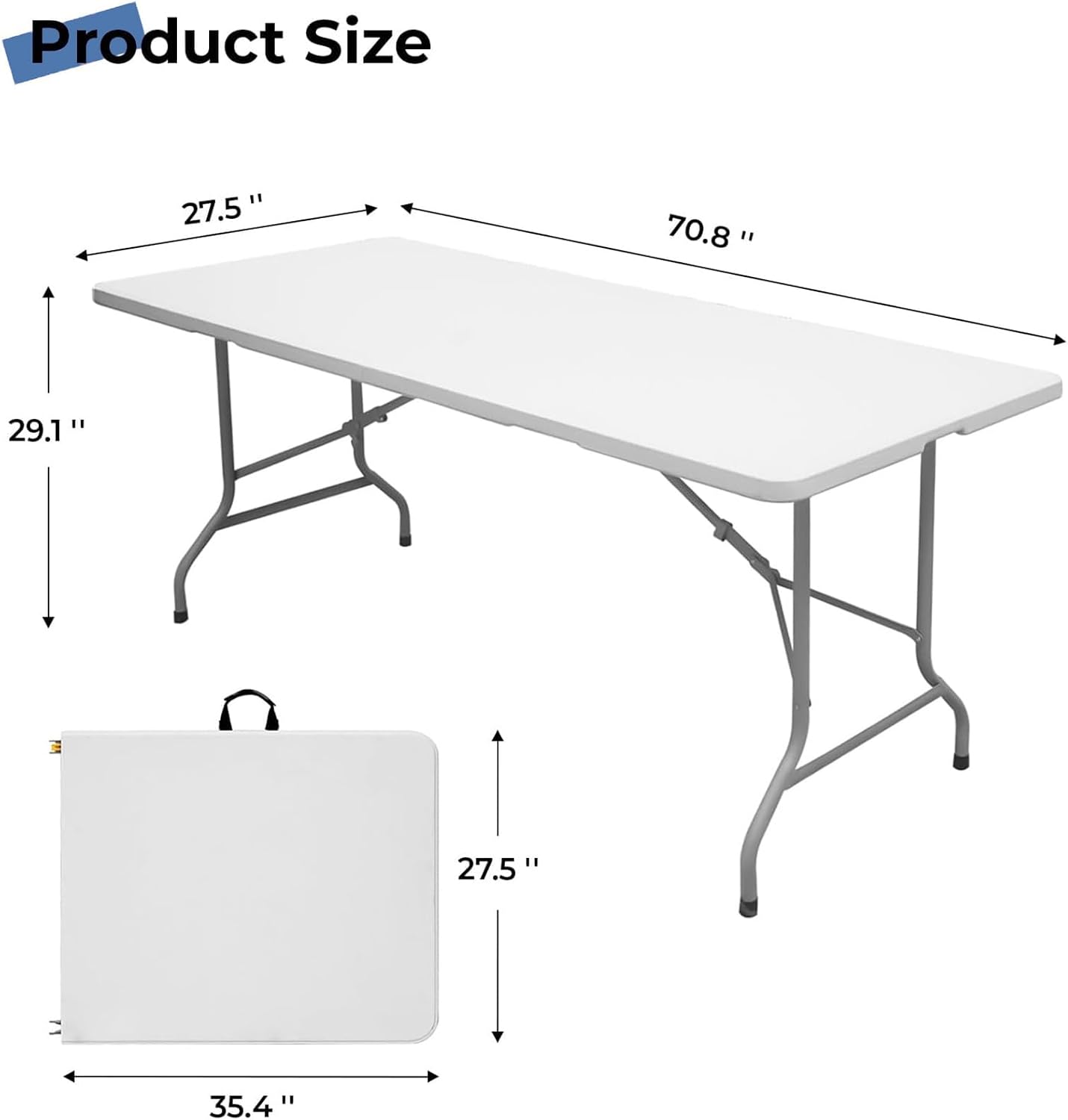 6FT Folding Table, Portable Fold-in-Half Plastic Utility Table with Carrying Handle, Heavy Duty Indoor Outdoor Dining Picnic Camping Party Table, Waterproof & Scratch Resistant, White