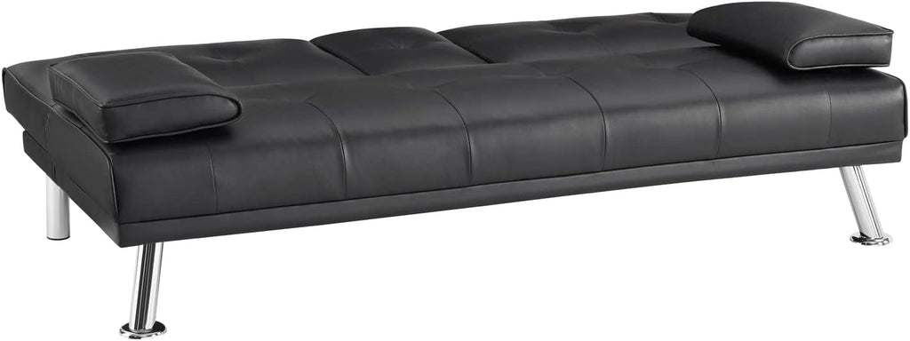 Naomi Home Compact Convertible Futon Sofa Bed – Modern Faux Leather Sleeper Couch for Small Spaces, Apartments & Dorms – Adjustable Lounger with Cup Holders & Removable Armrests, Black