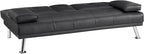 Naomi Home Compact Convertible Futon Sofa Bed – Modern Faux Leather Sleeper Couch for Small Spaces, Apartments & Dorms – Adjustable Lounger with Cup Holders & Removable Armrests, Black