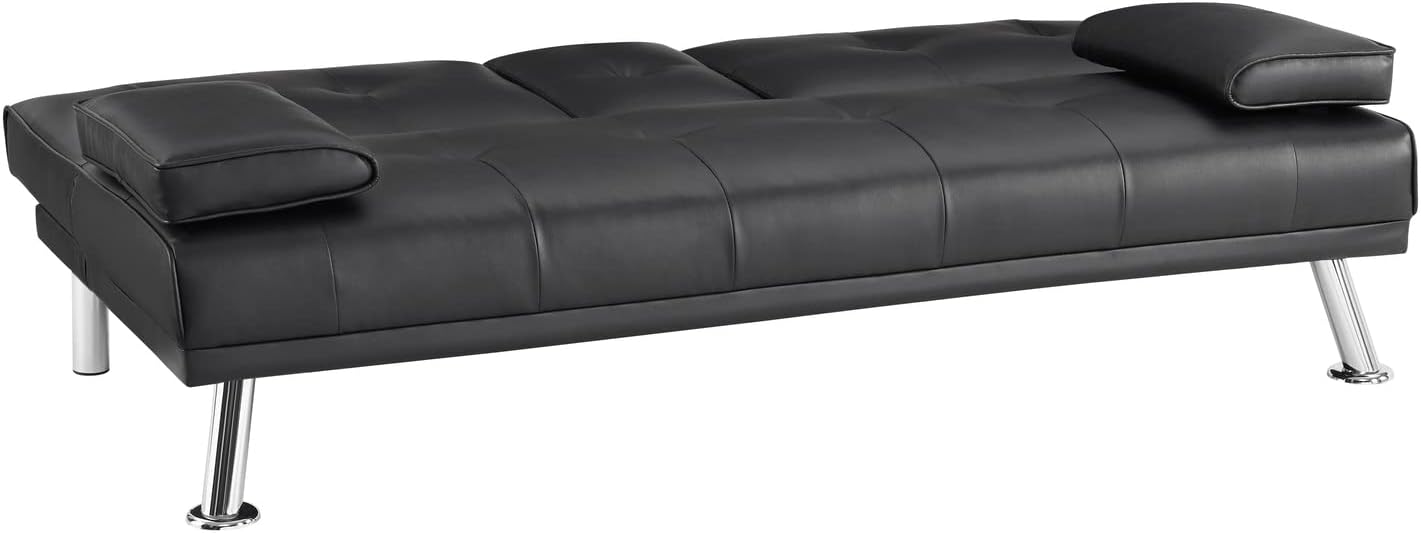Naomi Home Compact Convertible Futon Sofa Bed – Modern Faux Leather Sleeper Couch for Small Spaces, Apartments & Dorms – Adjustable Lounger with Cup Holders & Removable Armrests, Black