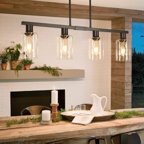 4-Light Kitchen Island Lighting, Black Simplicity Bar Island Lights for Kitchen, Farmhouse Chandelier with Adjustable Height & Clear Glass Shades, Linear Hanging Dining Room Light Fixture Over Table