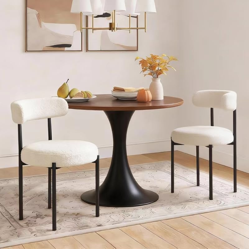 Dining Chairs Set of 2, Boucle Upholstered Modern Mid Century Round Kitchen Chairs with Curved Backrest & Metal Legs for Vanity, Living Room (White-1)