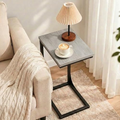 TEMI C Shaped End Table for Couch with Charging Station, Small Side Table TV Tray for Eating or Laptop, Accent Desk for Sofa or Chair, Space Saving Living Room Bedroom, Greige