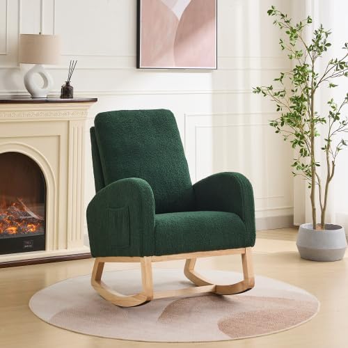 Green Upholstered Sherpa Rocking Chair for Nursery Bedroom, High Backrest Rocker Glider with Side Storage Pocket, Modern Accent Armchair for Living Room, Rubber Wood Legs