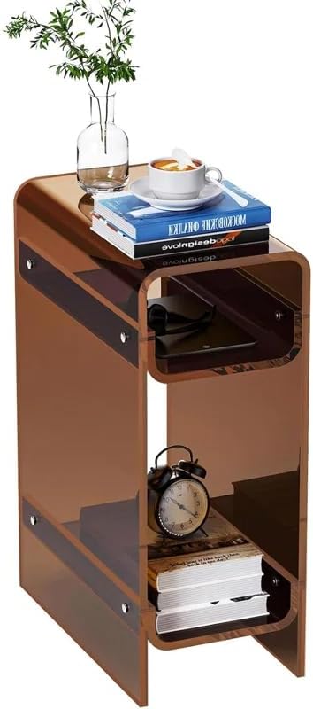 Acrylic End Table with Storage, Narrow Slim Side Table for Small Spaces Skinny nightstand Bedside Table for Bedroom, Living Room, Office (Brown)