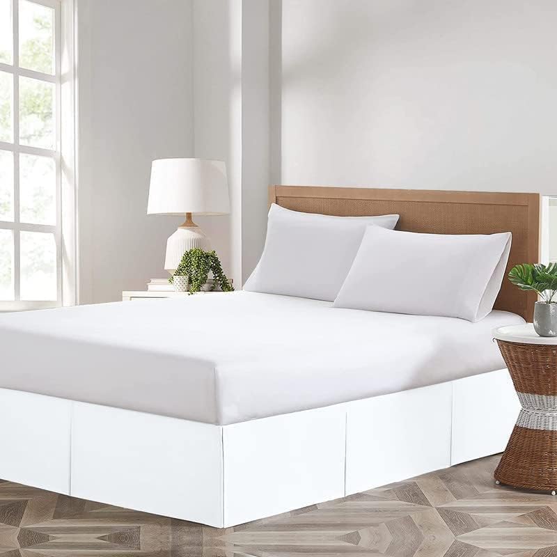 Magic Bed Skirt Queen 16 Inch Drop Bed Skirt 100% Cotton Blend No Mattress Lifter Wrap Around Skirt with Pleated Split Corners - White