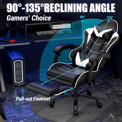 Czlolo Gaming Chair with Footrest, Lumbar Support Massager Video Game Chair with Metal Legs, High Back Reclining Gamer Chair with Headrest, 360° Swivel Office Computer Desk Chair (Snow White)