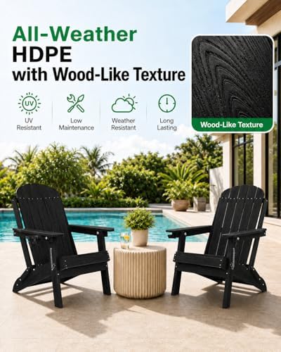 YEFU Adirondack Chairs Set of 2 for Outdoor: Folding Plastic Adirondack Chair with Cup Holder & Adjustable Back for Adult - All-Weather HDPE Weather Resistant for Patio Lawn - Easy Assembly(Black)