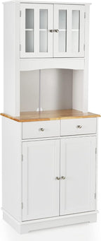 LOKO Kitchen Hutch Cabinet, Kitchen Cabinet with Framed Tempered Glass Doors, Flat Countertop and 2 Drawers, Kitchen Pantry Storage Cabinet with Adjustable Shelves, 27 x 16 x 67 inches (White)