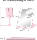 Gospire Travel Makeup Mirror with Lights and Magnification 10X, Portable Make Up Compact Tabletop Mirror with Adjustable Stand, 3 Colored Lights Rechargeable Lighted LED Vanity Mirror - Pink