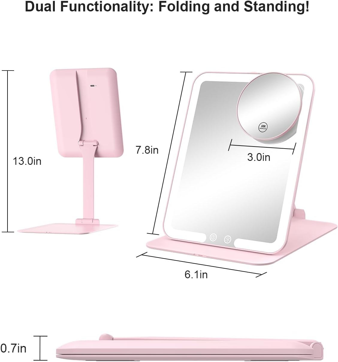 Gospire Travel Makeup Mirror with Lights and Magnification 10X, Portable Make Up Compact Tabletop Mirror with Adjustable Stand, 3 Colored Lights Rechargeable Lighted LED Vanity Mirror - Pink