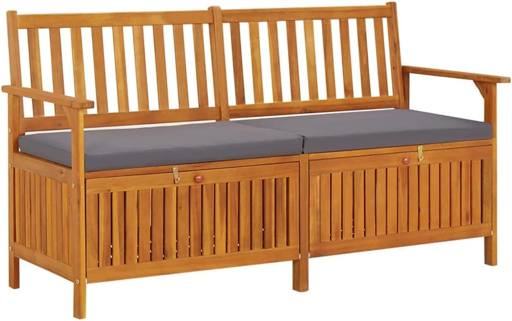 Solid Acacia Wood Storage Bench with Cushion, Large Rectangular Outdoor Patio Furniture for Seating and Hidden Compartments, Weather Resistant Modern Design, 3-Person