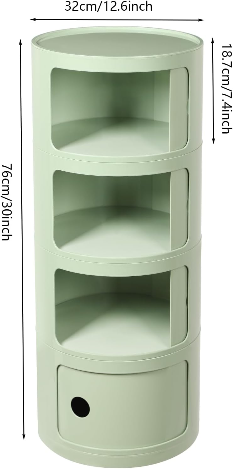 Round Nightstand, 4 Tier Circular Side Table with Sliding Doors, Modern Cylindrical Storage Cabinet with Wheels, Small Rolling Bedside Table for Bedroom Living Room, 12.6x30 Inch, 88.18 Lbs Capacity