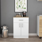 23.6" D*15.9" W*33.5" H Freestanding Storage Cabinet with Dawer & Shelf, Double Door, Natural Wood Top, Rectangular Kitchen Pantry, Modern Minimalist, for Living Room, Dining Room, White