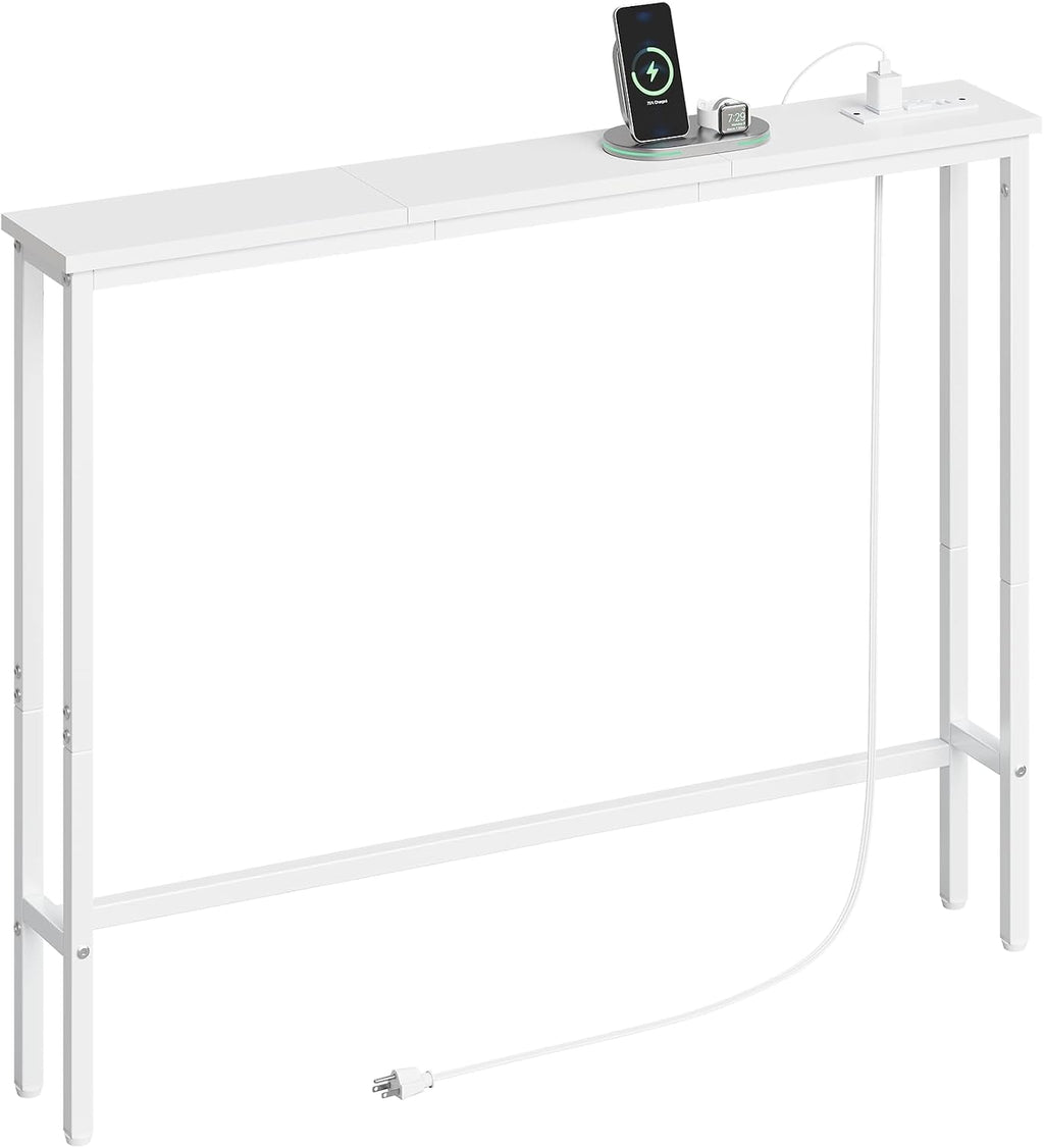 ELYKEN 5.9" Narrow Console Sofa Table with Power Outlets, Total 39.4” Long Behind Couch Table with Charge Station and 4.9’ Extension Cord for Living Room, 5.9" D x 39.4”W x 29.5”H, White