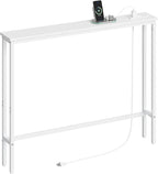 ELYKEN 5.9" Narrow Console Sofa Table with Power Outlets, Total 39.4” Long Behind Couch Table with Charge Station and 4.9’ Extension Cord for Living Room, 5.9" D x 39.4”W x 29.5”H, White