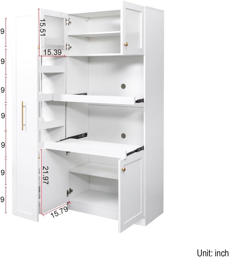 Kitchen Pantry Cabinet with Pull-Out Storage, White, Particle Board, MDF, 43.3x15.8x70.9 Inch, 4 Doors, Multi-Tier Shelves, Farmhouse Style, Kitchen Storage Organizer