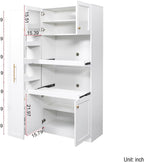 Kitchen Pantry Cabinet with Pull-Out Storage, White, Particle Board, MDF, 43.3x15.8x70.9 Inch, 4 Doors, Multi-Tier Shelves, Farmhouse Style, Kitchen Storage Organizer