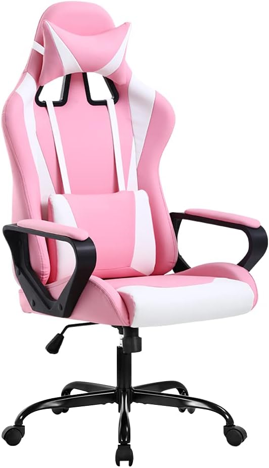 High Back Ergonomic Leather Office Chair - Adjustable Swivel Desk Chair with Lumbar Support and Headrest for Back Pain - Adults & Teens (Pink)