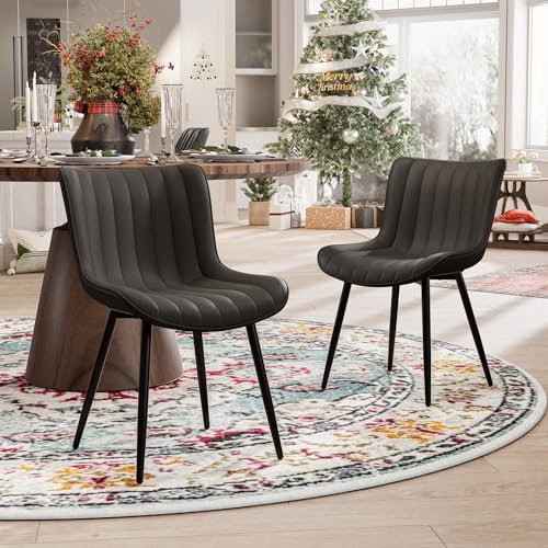 YOUNUOKE Dining Chairs Set of 2 Mid-Century Modern Kitchen Chair Black | Faux leather upholstered with Back, fits dining living waiting room guest reception. Waterproof easy to clean assemble, 300lb