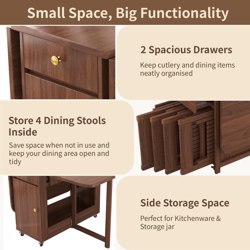 Folding Drop Leaf Dining Room Table 4-6 Seater with Storage and Lockable Wheels, 51" Fully Assembled Solid Wood Space-Saving Foldable Kitchen Table (Walnut)