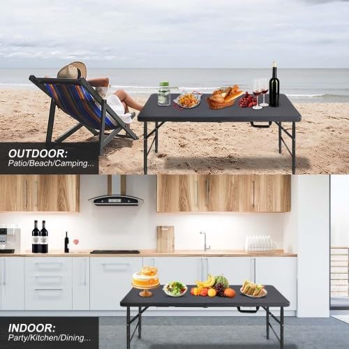 Folding Table 4FT, Portable Heavy Duty Plastic Folding Table with Handle, Waterproof, Easy to Clean, Adjustable Height, Anti-Slip Feet, 300LBS Capacity, Foldable for Indoor Outdoor Use(Black)