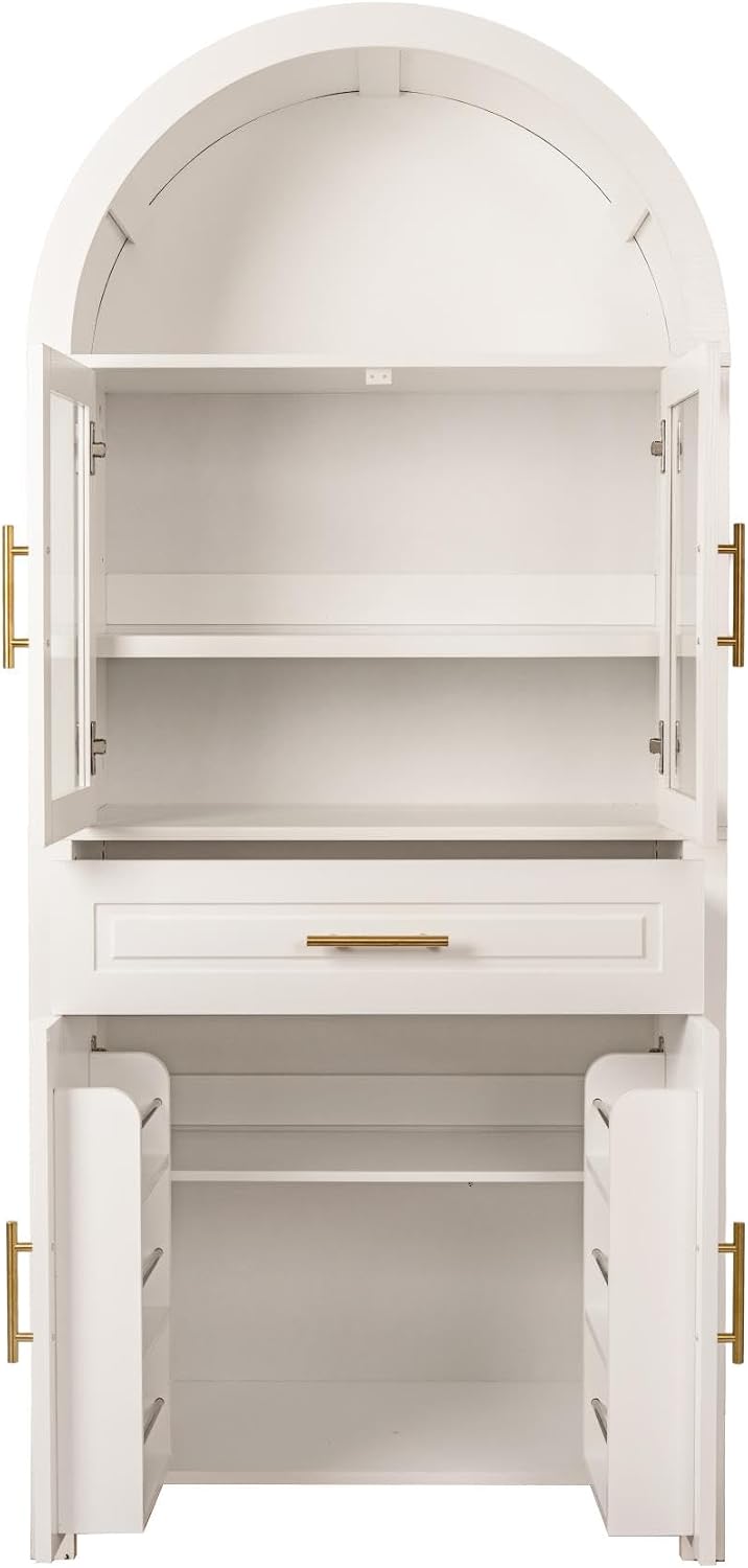 ZeHuoGe 70.8" Tall Arched Kitchen Pantry Cabinet with Glass Door, Farmhouse Storage Pantry Cabinet with Adjustable Shelves & Barn Door Design for Kitchen, Living & Dining Room (White)