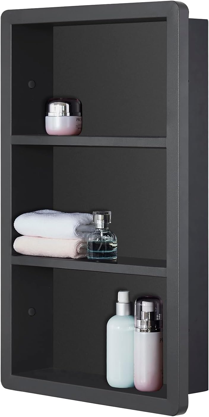 IDYLLOR Recessed Medicine Cabinet No Mirror - 14x24 Bathroom Storage Wall Cabinet with 2 Shelves, 304 Stainless Steel Shower Niche, Matte Black Waterproof for Bathroom, Toilet, Vanity