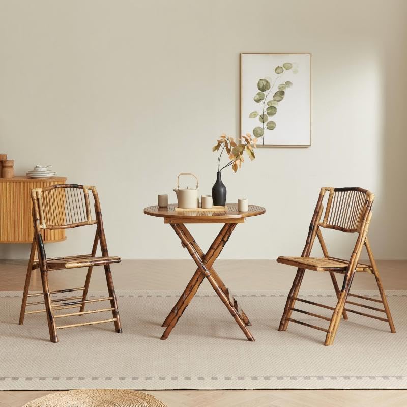 Vintage Bamboo Rattan Folding Dinging Chair - Portable Lightweight Retro Seat for Indoor, Outdoor, Patio, Wedding, Office, and Events (1, Brown, Oversized)