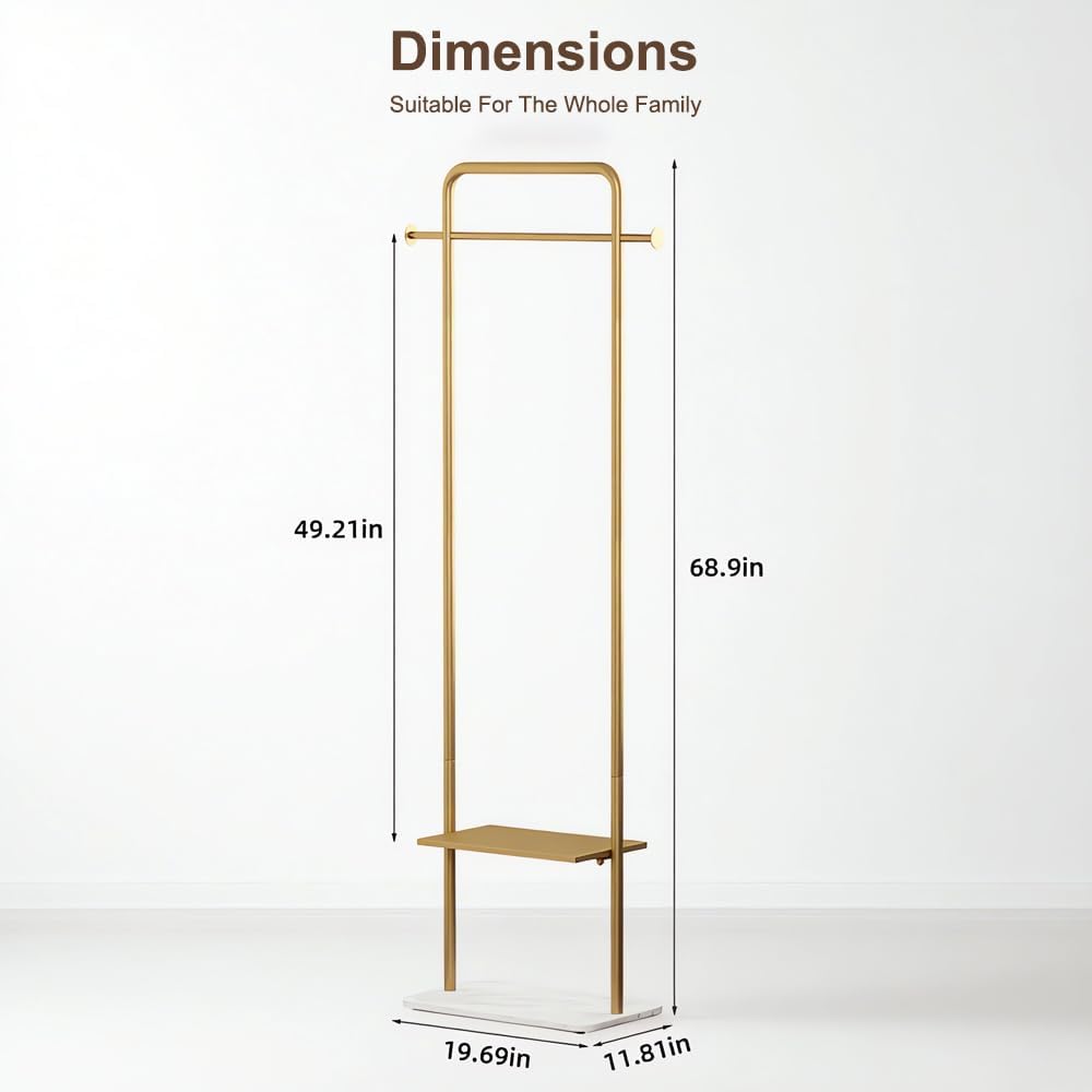 KaKaBB Gold Clothing Rack, Freestanding Coat Rack with Metal Shelves and Natural Marble Base, Small Clothes Stand Organizer for Bedroom, Entryway, Apartment (Gold, 19.7")