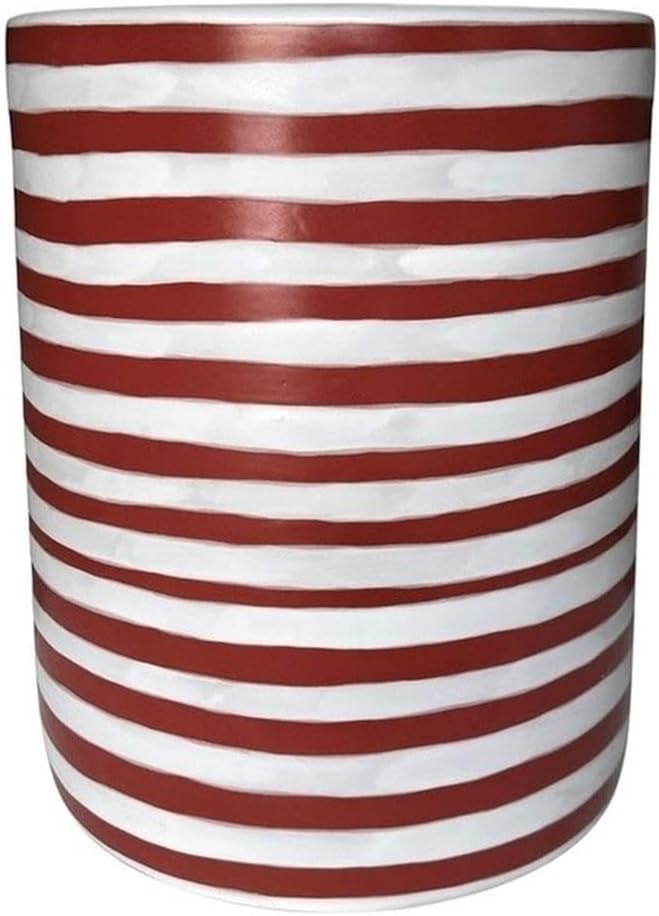 Pemberly Row Contemporary Accent Ceramic Side Table, 13"W x 13"D x 17.5"H, Handcrafted and Painted Ceramic, Textured Red Stripe Design, Artisanal Finish, Versatile Use for Living Room, Patio, Bedroom
