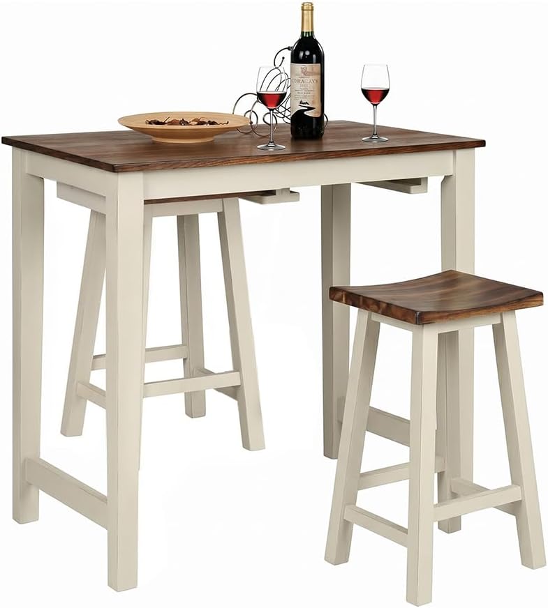 Giantex 3 Piece Pub Dining Set, Counter Height Pub Table with 2 Saddle Bar Stools, Tavern Collection Table Set for Living Room, Kitchen, Small Space (Brown & Milky White)