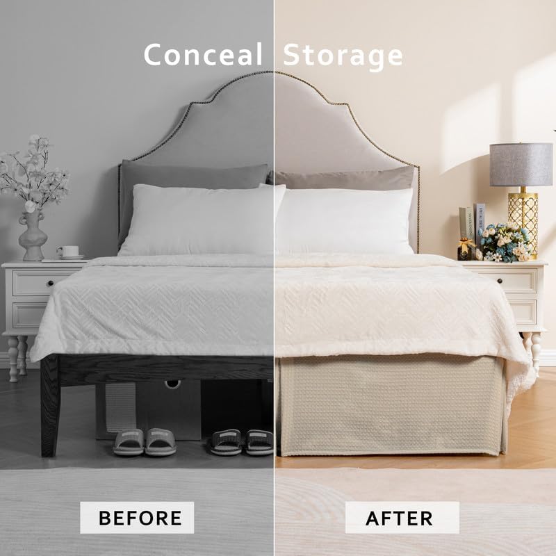 MIYE Pleated Waffle Weave Bed Skirt, Tailored Dust Ruffle 14 Inch Drop Easy Fit, Machine Washable,No Split Corners (Beige, King - 14" Drop)