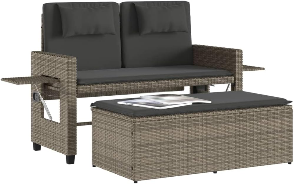 Garden Bench Grey PE Rattan, Powder-Coated Steel, Polyester Medium,Reclining Garden Bench with Adjustable Armrests | WeatherResistant Poly Rattan | Outdoor & Indoor Use Patio Furniture