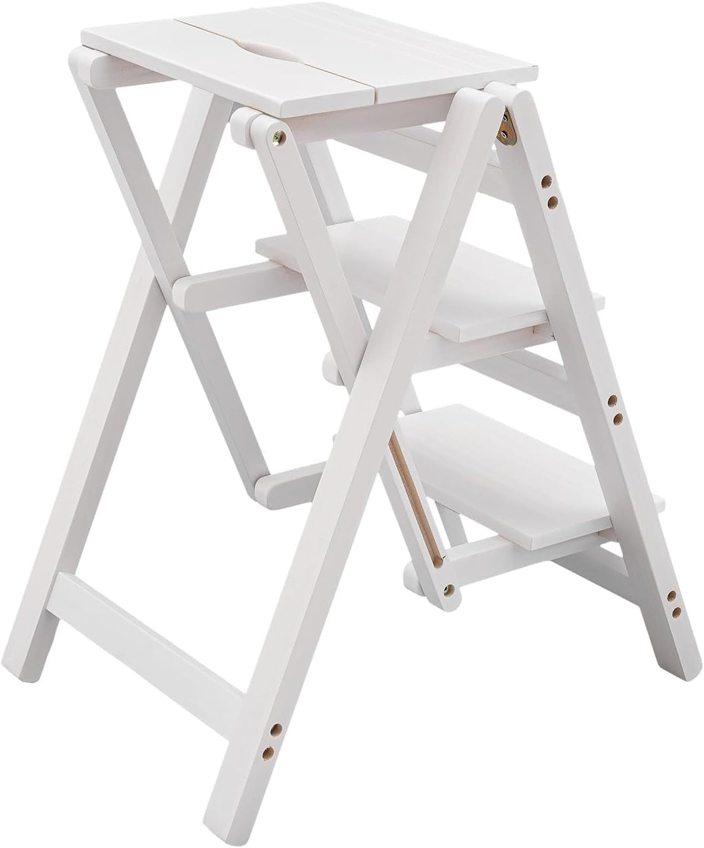 3-Step Ladder Chair Folding Step Stool Chair 22.44" L x 16.33" W x 25.6" H 220 LBS Load Capacity White Pinewood Counter Chairs for Kitchen Bedroom Living Room Warehouse, Space Saving